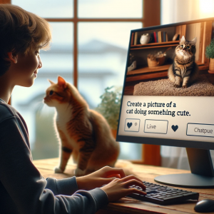 Boy generating an image of a cat doing something cute using AI when there is a cute cat next to him